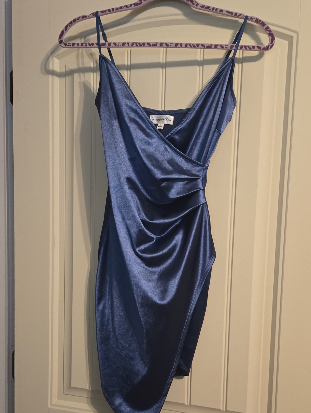 Honey and Rosie Navy Satin Draped Spaghetti-Strap Mini Dress